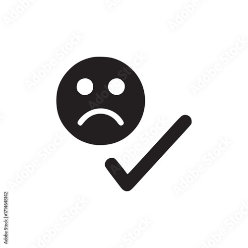 Illustration of a sad face with a check mark, the sad face conveys dissatisfaction or a negative experience, while the check mark suggests approval or validation