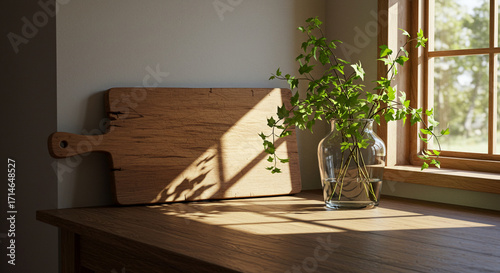 Wooden Cutting Board and Greenery on Windowsill.