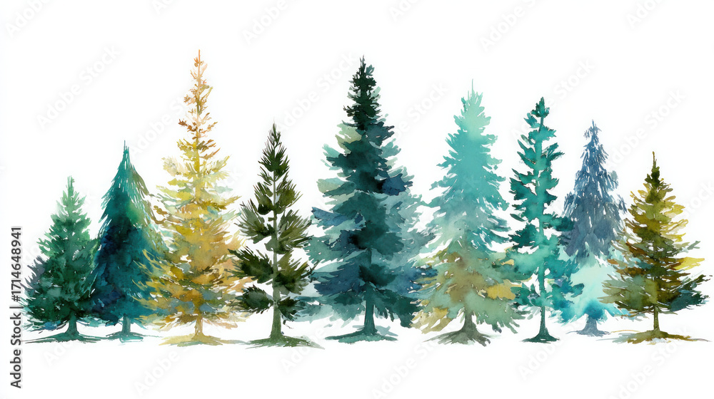 Obraz premium Watercolour Christmas tree in a coniferous woodland. Greeting cards and holiday cards with vector illustrations.
