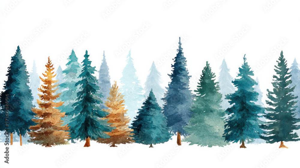 Obraz premium Watercolour Christmas tree in a coniferous woodland. Greeting cards and holiday cards with vector illustrations.