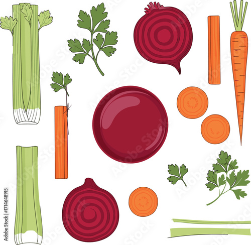 Vector Flat Lay of Beet Juice with Fresh Vegetables.