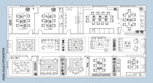 Architectural blueprint of detailed office layout with multiple rooms, meeting areas, reception, and workstations designed in black and white plan.