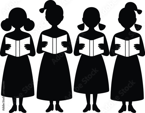 Four girls reading books vector silhouette