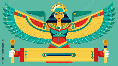 Stylized egyptian goddess isis with wings and scepter