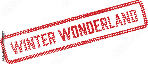 Distorted winter wonderland stamp features a red polka dot pattern throughout, isolated on white