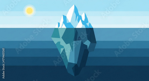 Iceberg graphic illustration in ocean water with sun shining for climate change awareness concept art