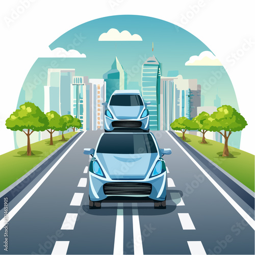 Modern Cars on a Road to a City - Urban Transport and Commuting Concept
