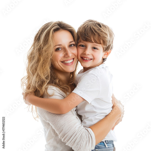 Mother and son celebrating mother day, standing isolate on transparent background