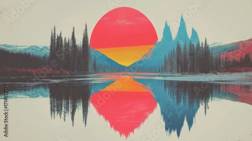 Colorful landscape with trees, mountains and a lake reflecting a big red sun, in a synthwave and vaporwave style