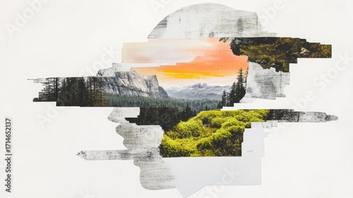 Head silhouette revealing layered mountain scenery glowing with sunset colors