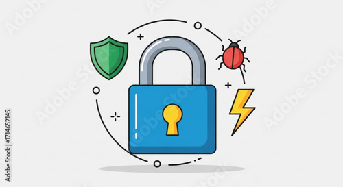 Cyber security protection with padlock shield and bug for virus and lightning bolt for power surge