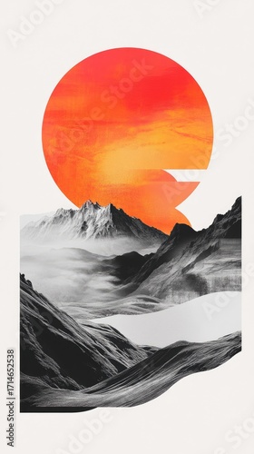 Contemporary collage featuring a vibrant red sun juxtaposed with monochrome mountains, creating a striking visual contrast