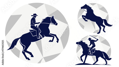 Horse and Rider Low-Poly Geometric Icon Set – Mustang, Galloping Horse, Cowboy on Horse, Running Herd, Stallion Head and More, Polygon Animal Vector Stickers for Logos