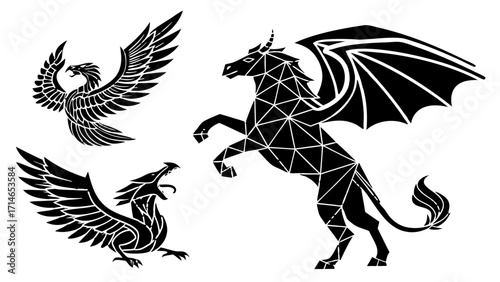 Polygonal Fantasy Animal Icon Set – Dragon, Unicorn, Phoenix, Griffin, Pegasus and More, Geometric Low-Poly Vector Sticker Pack for Gaming, Tech Logos and Modern Branding