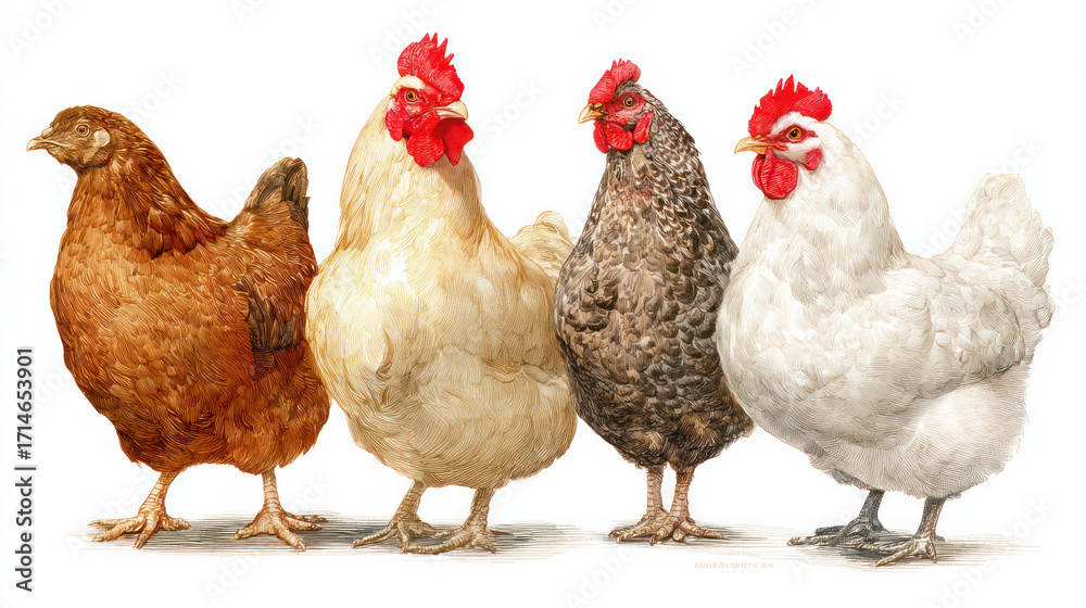 Fototapeta premium Hand-drawn watercolour illustration of a brown hen, red hen, rooster, and white hen