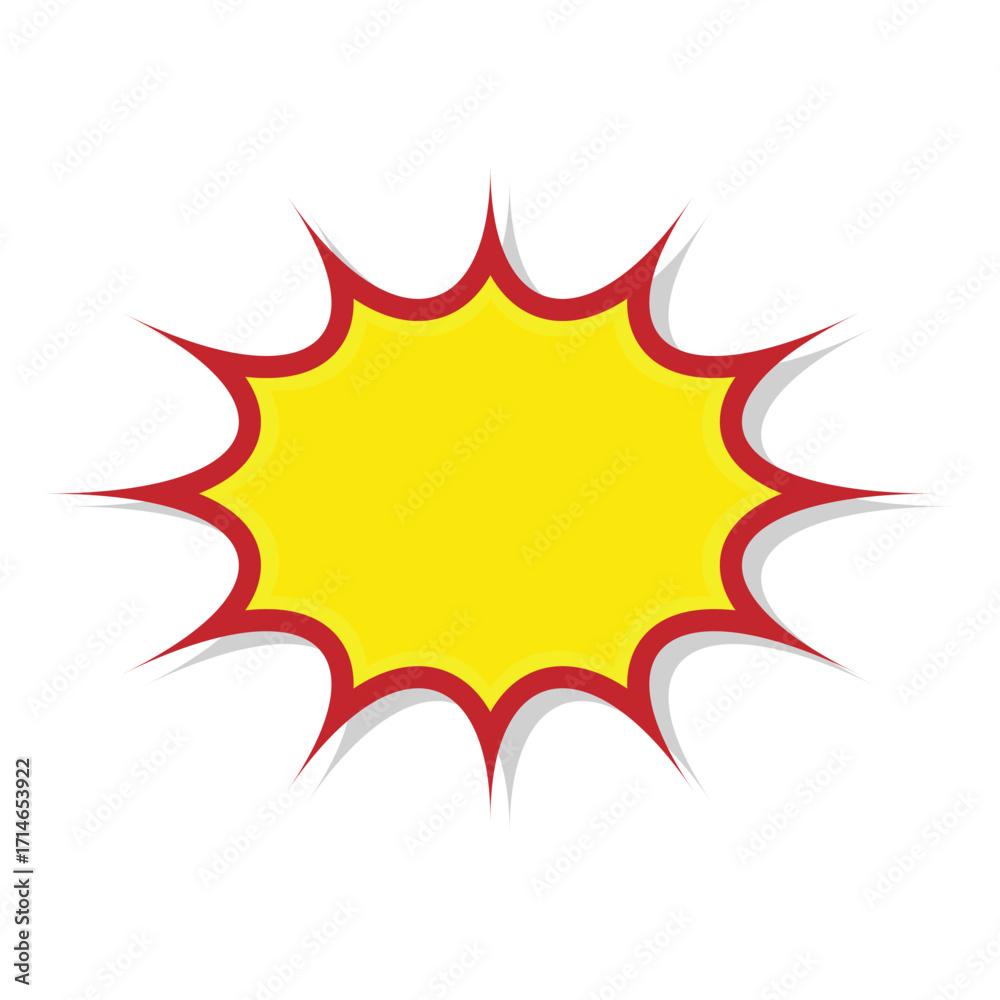 Comic style yellow starburst bubble with red border, retro pop art explosion frame, cartoon blast speech element on white background Comic style yellow starburst bubble with red border, retro pop art explosion frame, cartoon blast speech element on white background