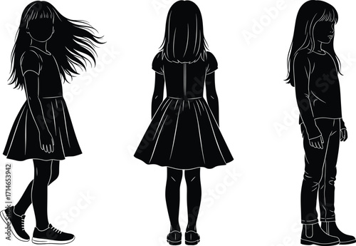 Child silhouette vector, girl in different poses, fashion outfit variations, hairstyle profile, kids clothing design, editable illustration, stock art, commercial use