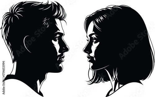 Black and white vector illustration, two human profiles, face to face, emotional contrast, silhouette style, artistic expression, dramatic gaze, modern design