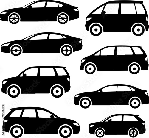 Collection of Car Silhouettes Sedans, Minivans, and SUVs