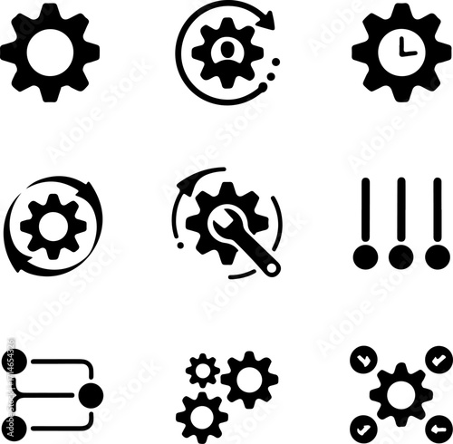 Vector Icons Representing Business Processes, Management, Workflow, Strategy, Development, and Technical Solutions - Graphic Collection