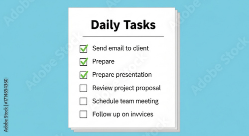 Daily tasks checklist for productivity and time management including project proposal and team meeting schedule