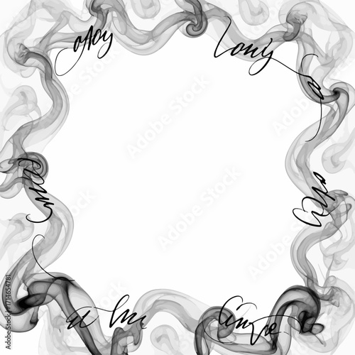Elegant artistic frame of flowing gray smoke and ink wisps with integrated calligraphic script. Mysterious and creative border for signatures or text, isolated on a white background.