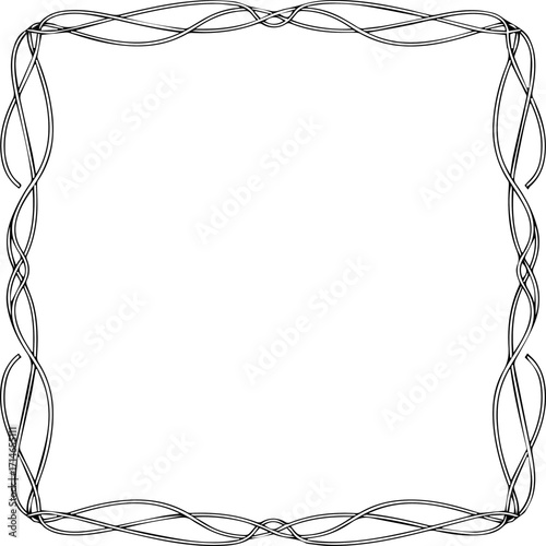 Elegant metallic frame with intertwined wavy lines. Modern silver wire border with a sophisticated, flowing design, isolated on a white background.