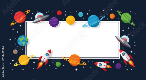 Fun cartoon space frame for kids with colorful planets, rockets, and UFOs. Galaxy banner for a birthday party invitation or school project, with a starry background and copy space.