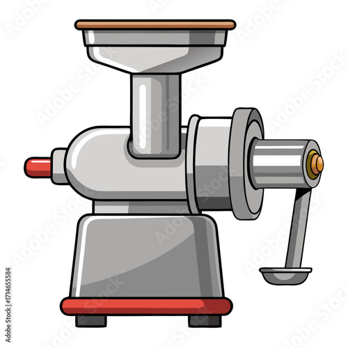 Manual meat grinder with crank handle in silver and red design  