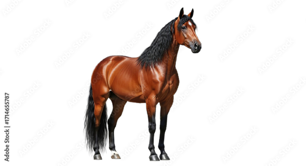Fototapeta premium Magnificent brown horse with a lustrous black mane and tail, captured in a pristine studio setting, highlighting its powerful and elegant equine form and spirited beauty