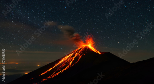 Foto A dramatic night view of an active volcano erupting with glowing lava streams under a mesmerizing star-filled sky