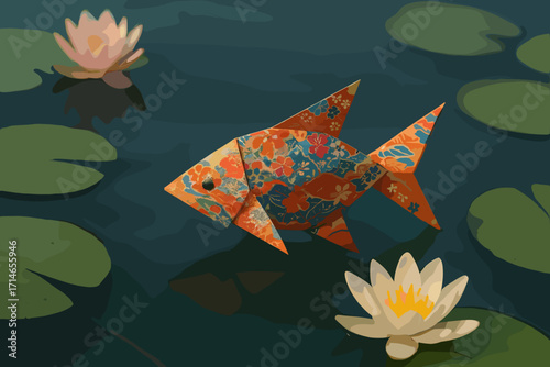 Colorful origami fish swimming amidst lily pads and water lilies in a tranquil pond