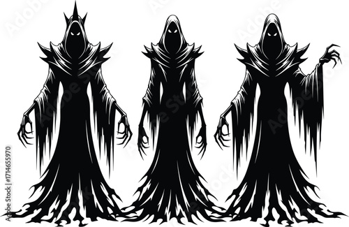 Dark fantasy ghostly figures, horror cloaked spirits, undead silhouettes, supernatural trio, haunted shadows, eerie monsters, black and white illustration, evil entities, spectral beings