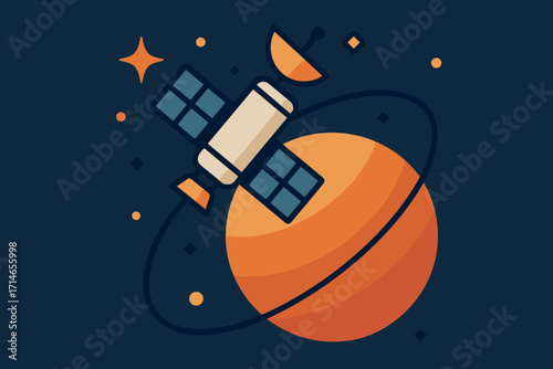 Illustration of a satellite orbiting an orange planet in a starry space background