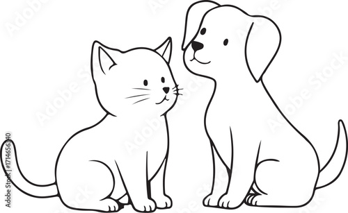 Cat and Dog Sitting Pets Domestic Animals Friendship Hand-drawn Vector Illustration, Sketch Drawing Doodle Line Linear Symbol Engraving Coloring Book, Black and White Isolated