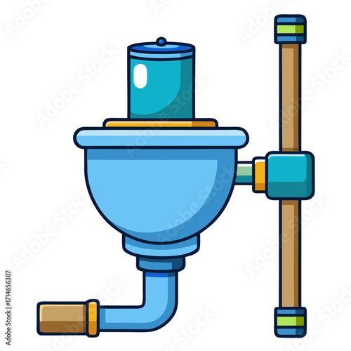 Toilet fill valve in blue color with attached pipes and fittings  