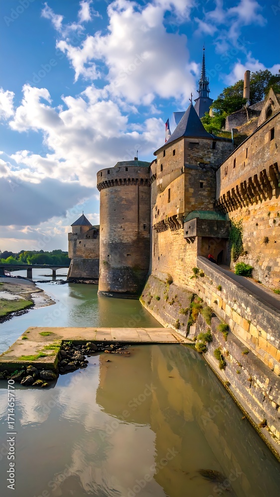 Fototapeta premium Fortress by a river under a partly cloudy sky