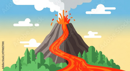 Cartoon volcano eruption illustration with lava flow and smoke in flat design landscape scene vector art