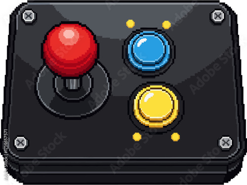 Retro pixel art joystick with red, blue, and yellow buttons, classic arcade controller design.