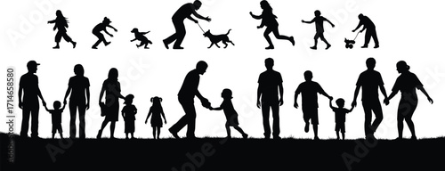 Family silhouette vector, parents and children walking, playing, bonding, pet interaction, stroller scene, emotional connection, black figures, lifestyle concept, editable illustration