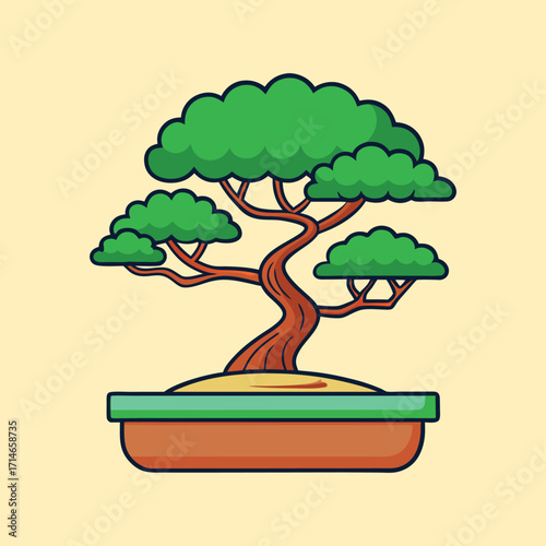 Stylized cartoon bonsai tree with yellow background and decorative brown pot