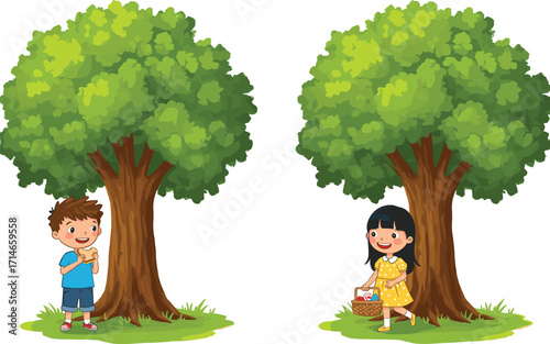 Cartoon boy eating sandwich and girl carrying picnic basket under trees, kids enjoying outdoor picnic with snacks, food, and fun.