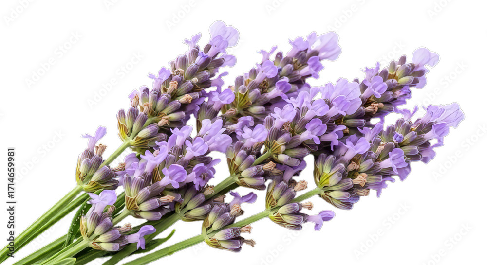 Obraz premium A beautiful fresh bouquet of fragrant purple lavender flowers with green stems, isolated on a clean white background for aromatherapy and wellness concepts