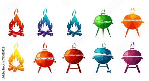 Various colorful stylized campfires and grills arranged in a row design