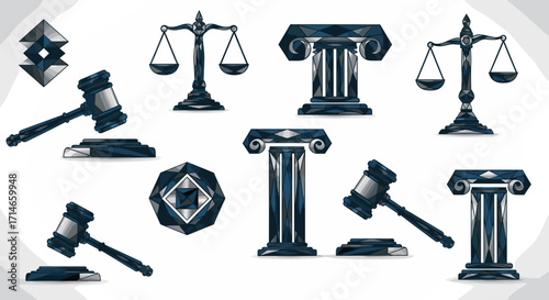 Illustration featuring scales of justice, gavel, and doric order columns