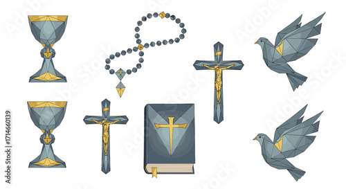 Illustration showing religious symbols including chalices and crosses