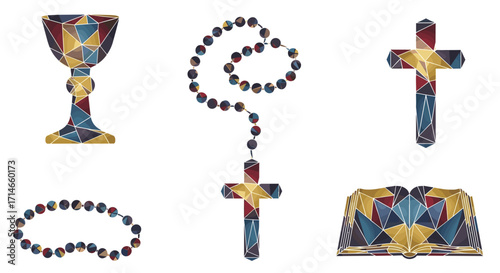 Geometric religious objects including a chalice rosary and open bible