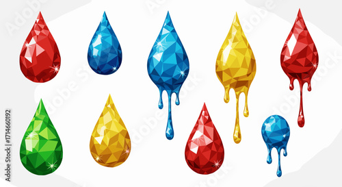 Illustration of colorful polygonal paint drops with dripping liquid effect