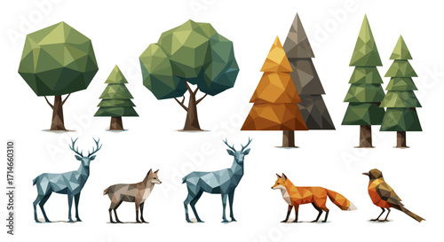 Geometric forest scene featuring trees deer fox and bird on white backdrop