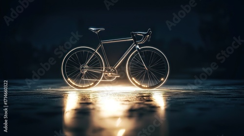 A sleek, metallic bicycle with glowing wheels and handlebars, standing on a wet, reflective surface with a dark, moody background.